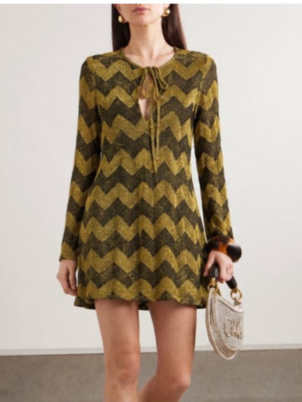 Missoni Gold & Black Metallic Chevron Knit Mini Dress | Lurex Zigzag Tie-Neck